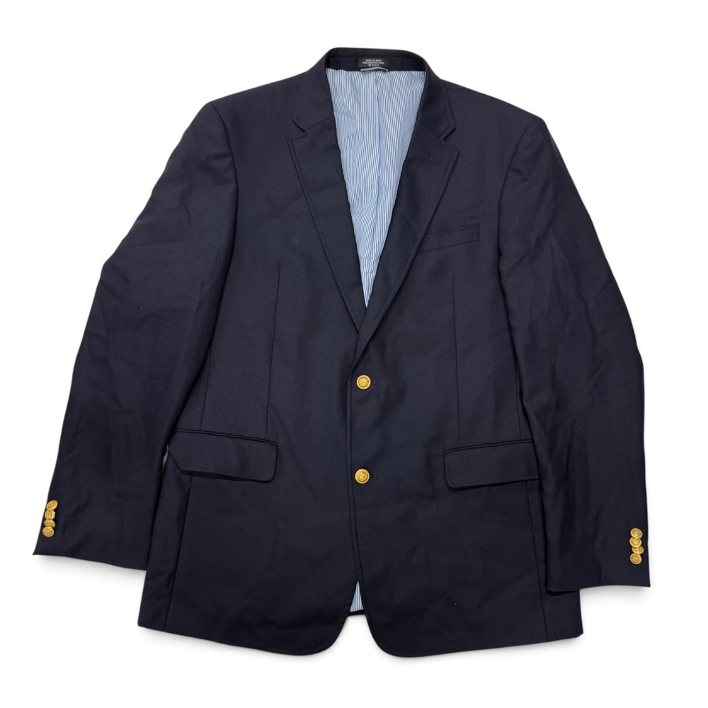 Tommy Hilfiger Navy Blue 100% Worsted Wool Blazer Mens 44L Gold Crest Buttons